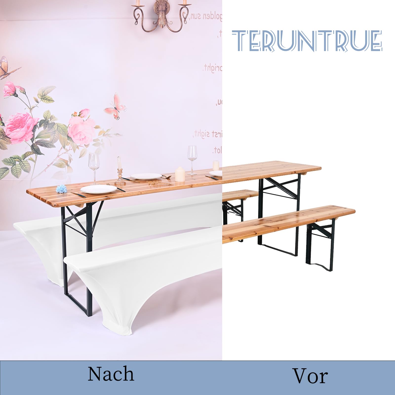 Teruntrue 4 Stück Premium Elastisch Bierhockerbezug, 220 x 25 cm, Unten sind 4 FFußtaschen angebracht, Bierhockerbezug für Bankette im Freien (Weiß)