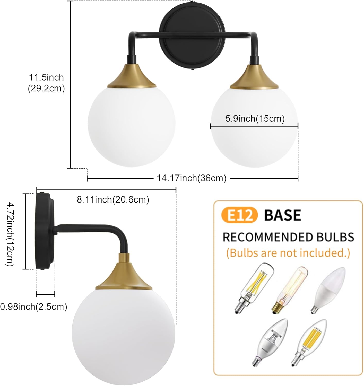 Black Gold Bathroom Light Fixtures, Modern Vanity Lighting Over Mirror, Mid Century Modern Matte Black Wall Sconce 2-Light with Milky White Glass Ball Shades