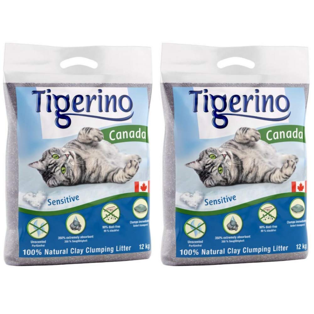Tigerino Canada Sensitive Clumping Clay Cat Litter 24KG An Unscented Antibacterial Disposable And Hypoallergenic Hygiene Litter With Smell Control Formula Free 4.5cm Natural Catnip Ball