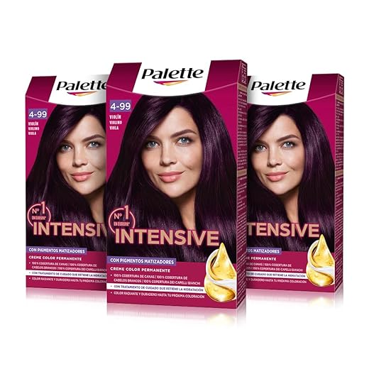 Palette Intensive Creme Color 4-99 Violín, tinte de pelo permanente con aceite de macadamia y almendras, cubre el 100% de las canas y raíces, para un color radiante, Pack 3