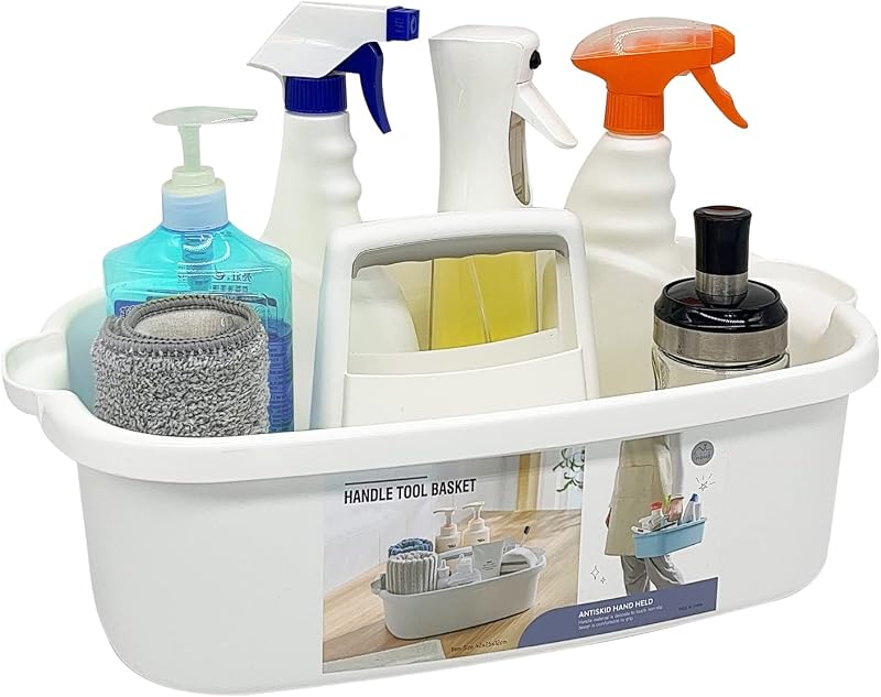Goderewild Carrito de limpieza de plástico multiusos con asa, organizador de ducha, cesta de almacenamiento, bolsas portátiles para suministros de baño, productos de limpieza, herramientas debajo del fregadero, amas de casa (blanco)