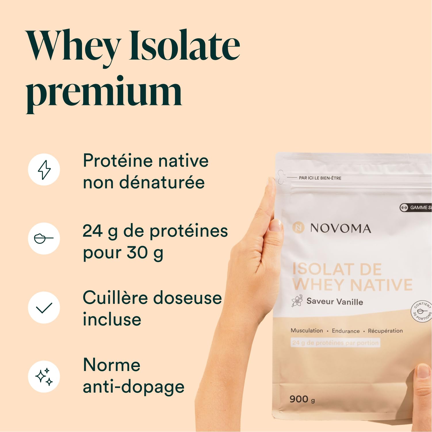 NOVOMA Whey Isolate Native, Protéine Pure Non Dénaturée, 24g de Protéines par Portion, Saveur Vanille, Musculation, 30 Portions, Sachet 900g, Fabriqué en France