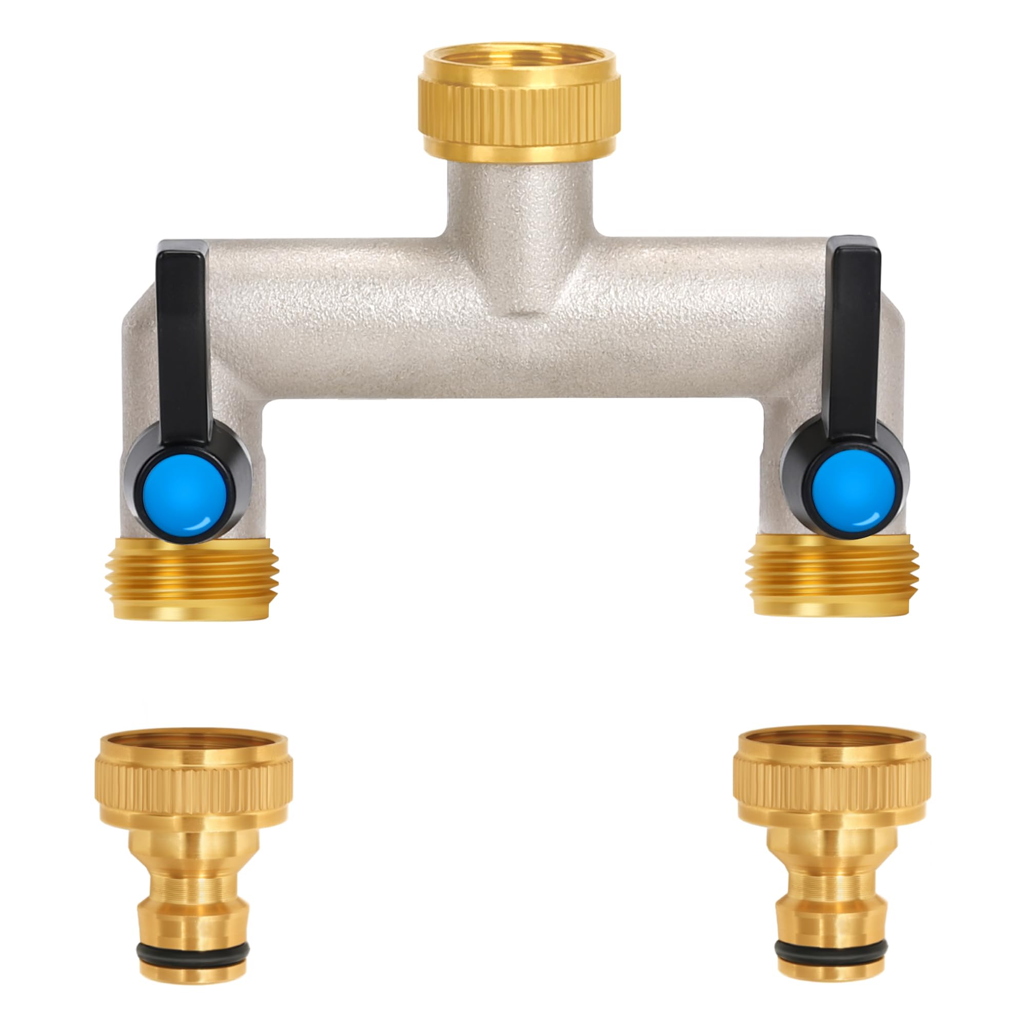 OPERMAXER Wasserhahn Wasserverteiler, LängerterGriff, 3/4 Zoll Messing Wasseranschluss Verteiler mit individuellem Absperrhähnen，3/4" Adapter 1/2" für Geräte/Gartenschläuche