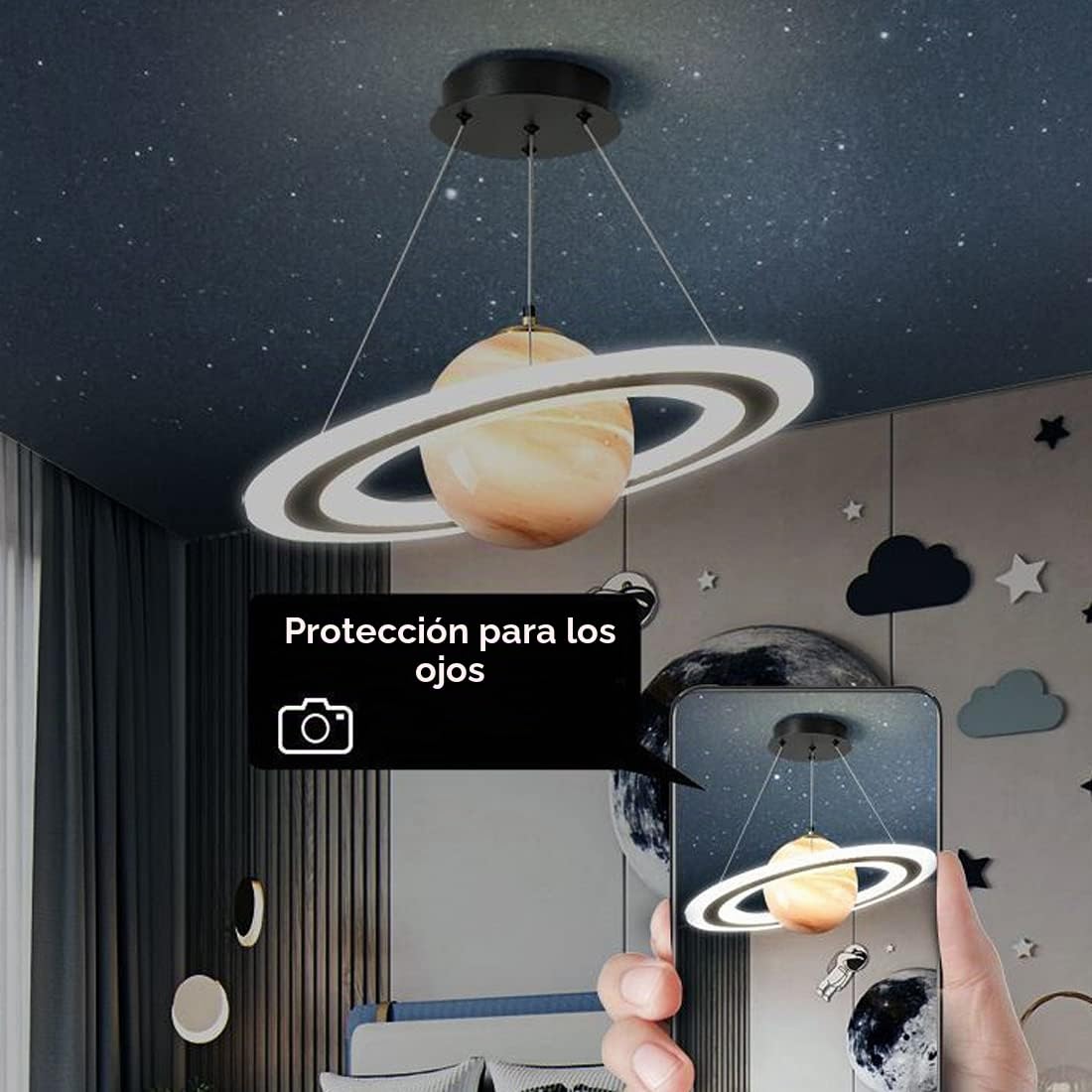 DROMEZ Lámpara Colgante Infantil Saturno LED 40W Regulable con Mando Ø50 cm | Lampara Techo Colgante Para Dormitorio, Iluminación Decorativa, Regulable 3000K-6000K, Moderno Plafon