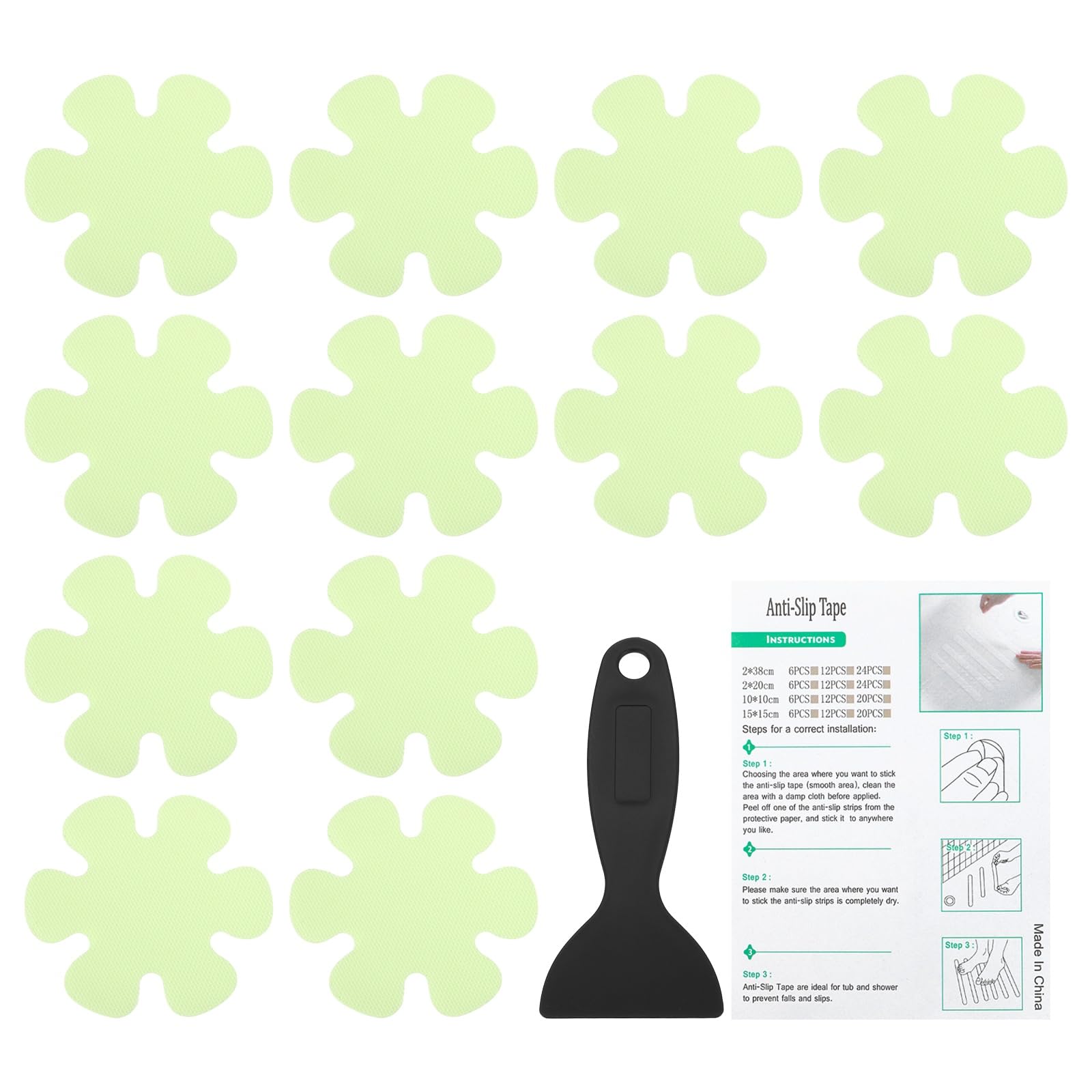 PATIKIL Bathtub Non Slip Stickers 3.9 x 3.9 Inch, 12 Pack Flower Safety Shower Floor Anti Slip Stickers with Adhesive Decals Scraper for Bath Tub Shower Floor Stair, Green