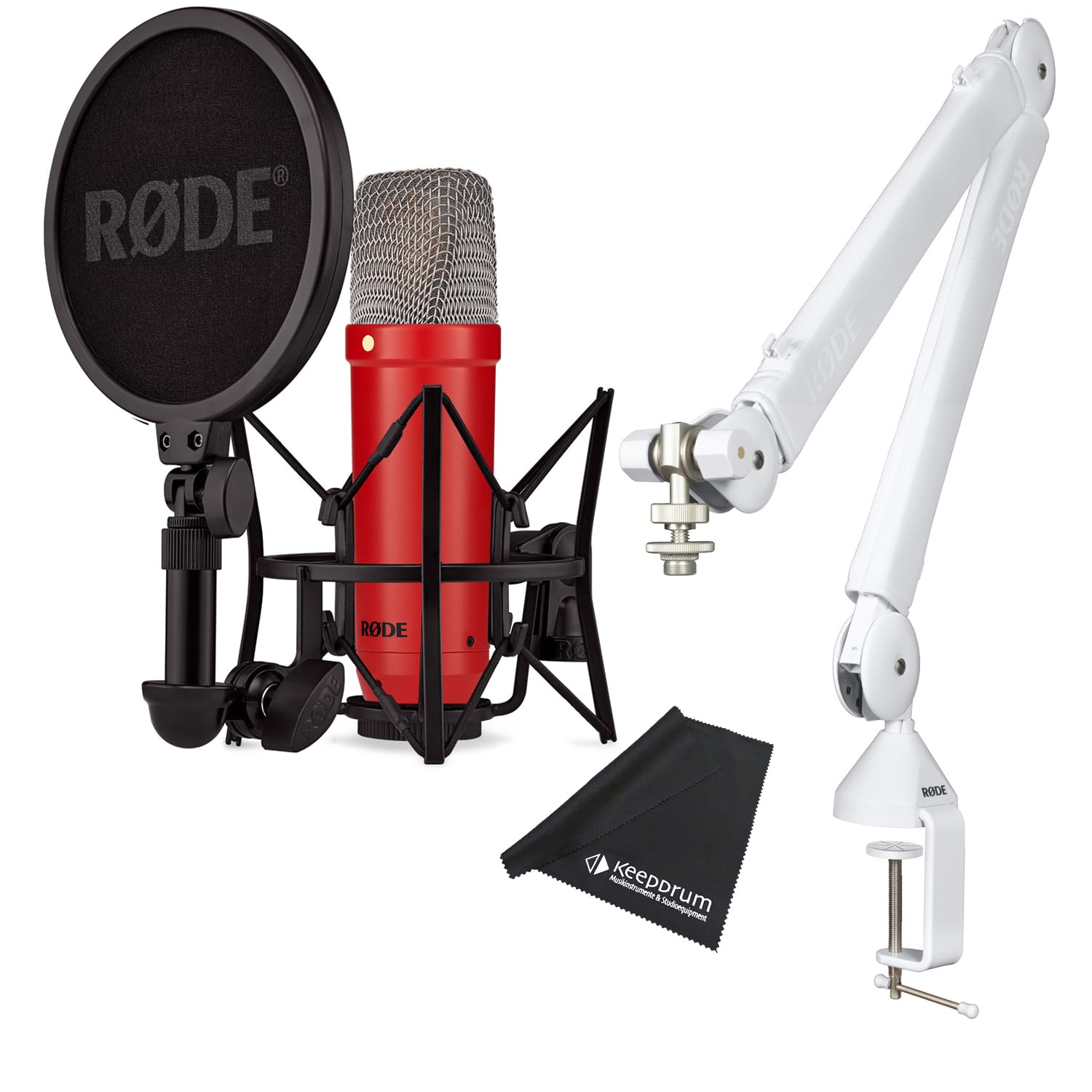 Rode NT1 Signature Red - Micrófono de estudio rojo + PSA1 W Plus trípode articulado blanco + paño de microfibra keepdrum