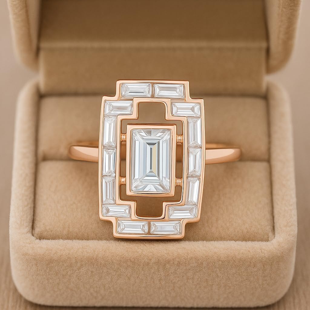 Emerald Cut Moissanite Art Deco Engagement Ring for Women 14k Rose Gold Baguette Halo Geometric Vintage Statement Ring Unique Wedding Promise Jewelry Gift