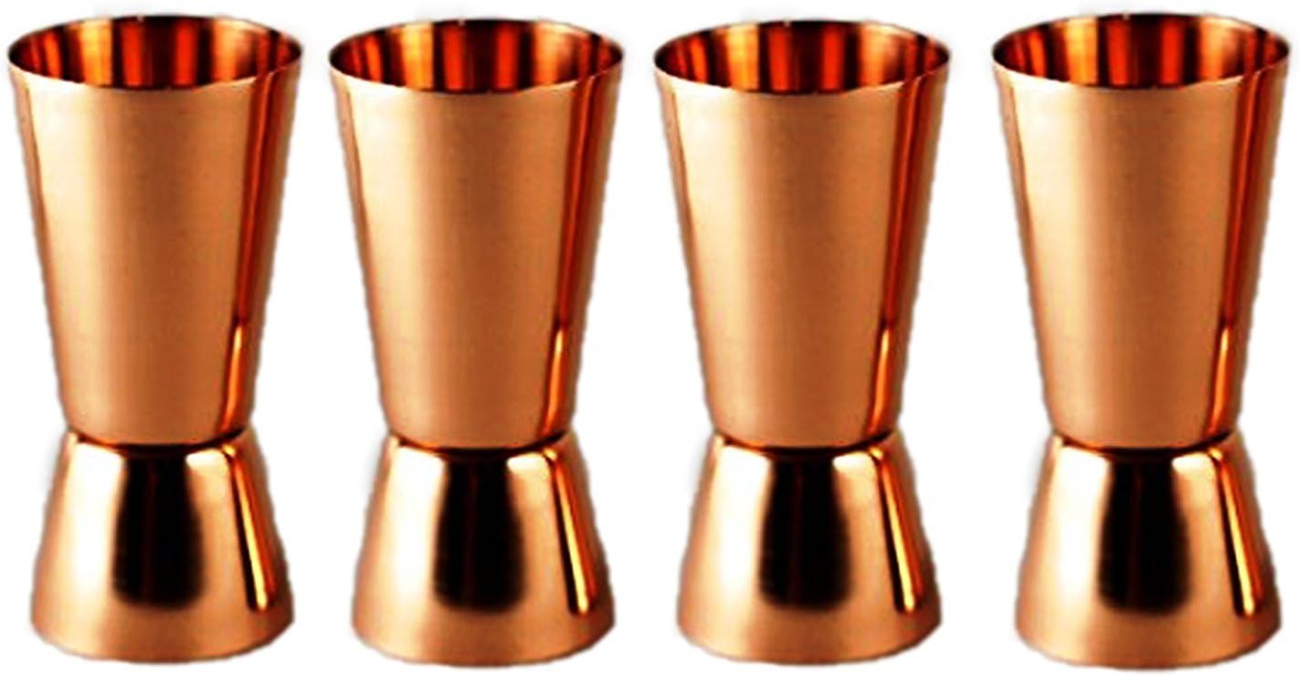 PARIJAT HANDICRAFT Set of 4 Pure Copper Measuring Jigger Shot Glasses Double Sided Jiggers - 2 Ounce and 1 Ounce.
