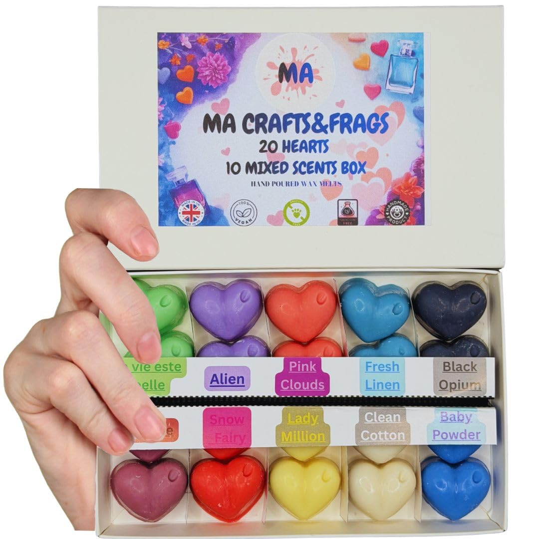 Ma Crafts&Frags Multicolour Strong Scented Wax Melt Gift Box – 20 Heart-Shaped Soy Wax Melts, 10 Mixed Scents – Handmade In Uk, Vegan Friendly – Long-Lasting Home Fragrance