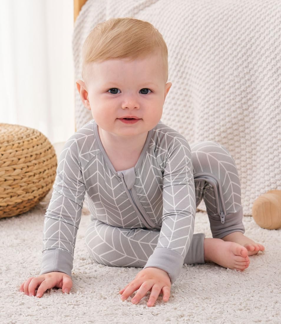 Baby Bamboo Viscose Pajamas Herringbone Footless Romper - Baby Infant Boys Girls One Piece Jumpsuits Clothes (Grey, 0-3M)
