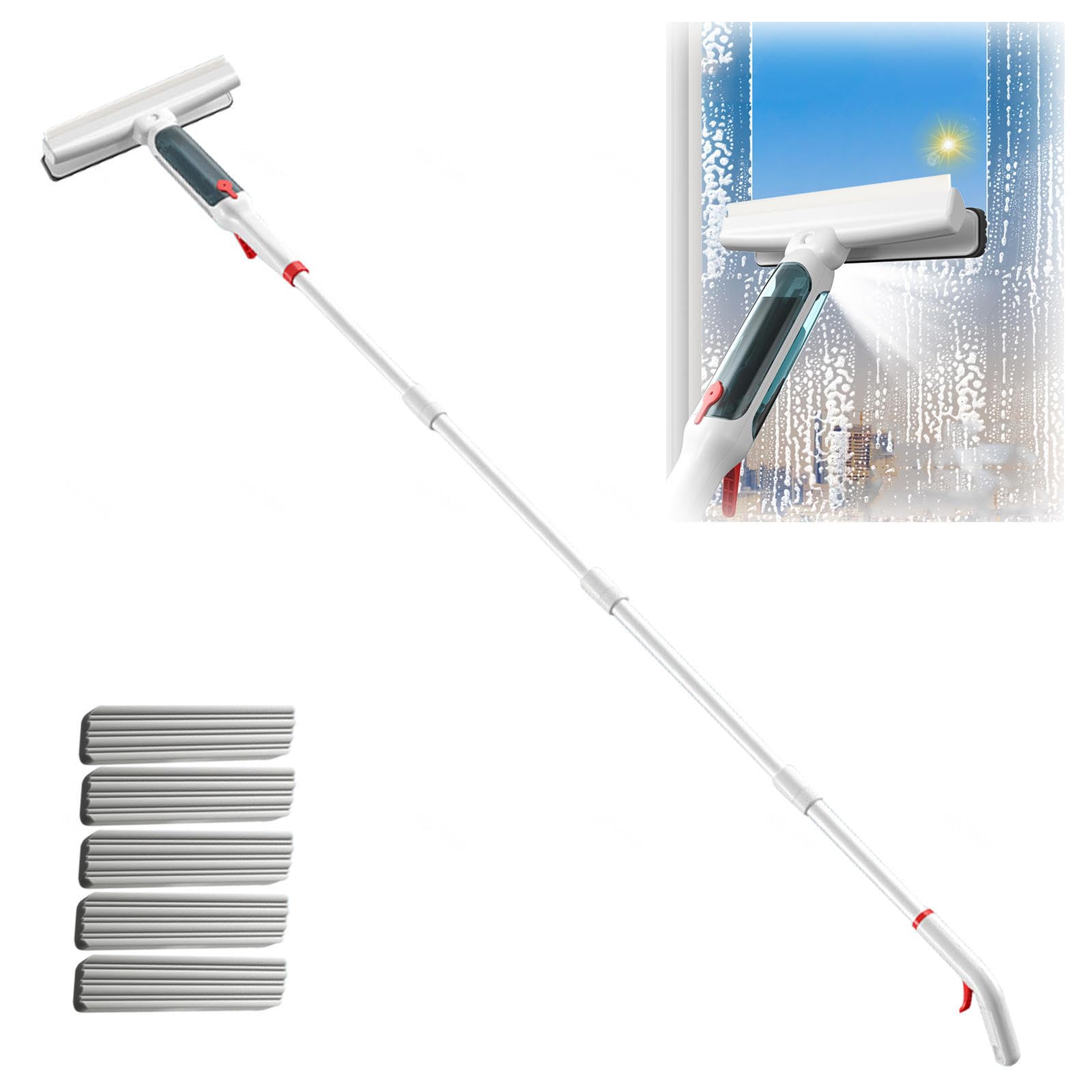 Kit per la pulizia delle finestre con asta di estensione a 4 sezioni, lavavetri 4 in 1, lavavetri senza fili, con collettore di acque reflue e 5 tamponi