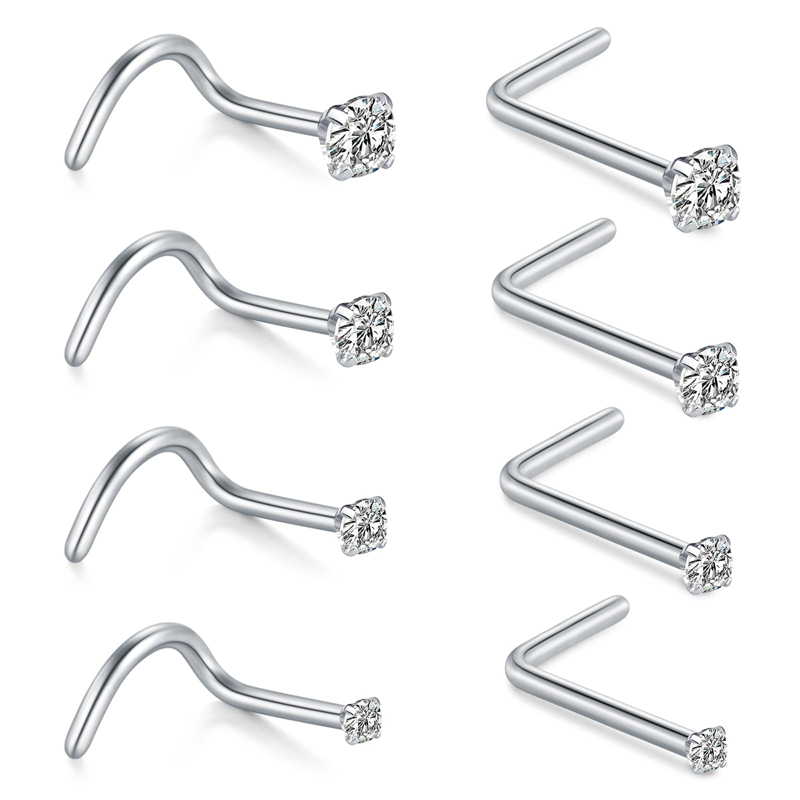 L Shape Nose Studs - Gold & Silver, Stainless Steel Diamond Small Thin Nose Rings for Women & Men