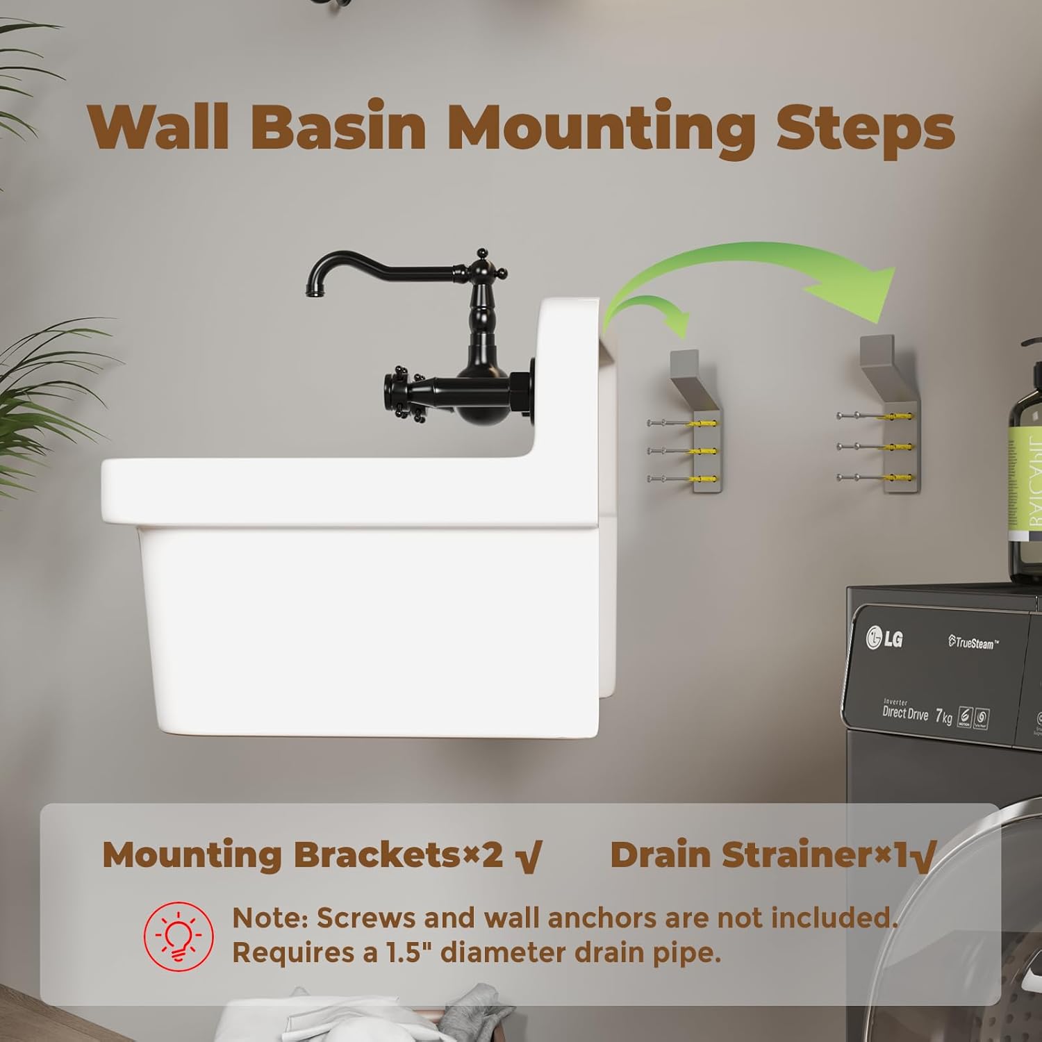 White Utility Sink 21 Inch, Wall Mount Farmhouse Sink, Deep Bowl High Back Laundry Sink with Accessories, Fireclay Porcelain Floating Slop Tub for Laundry Room, Kitchen, Garage, Bathroom