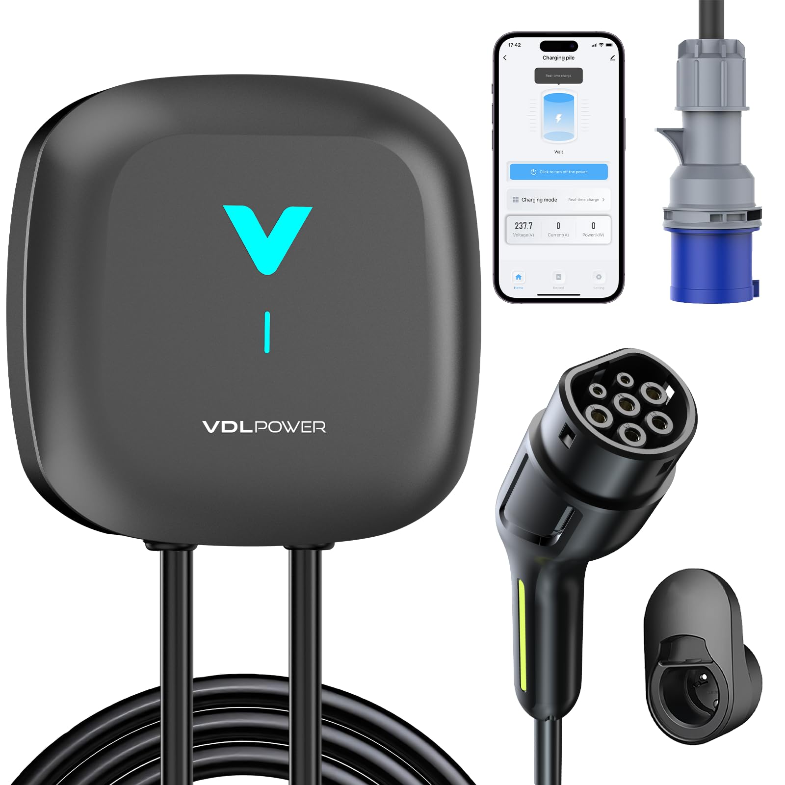 VDLPOWEREU Borne de Recharge Véhicules Électrique 7kW avec APP, Cable Type 2 6m, Wallbox 7kW, Borne de Recharge Monophasé 32A, Chargeur Voiture Electrique avec RCD Type A, IP67, pour BEV/PHEV