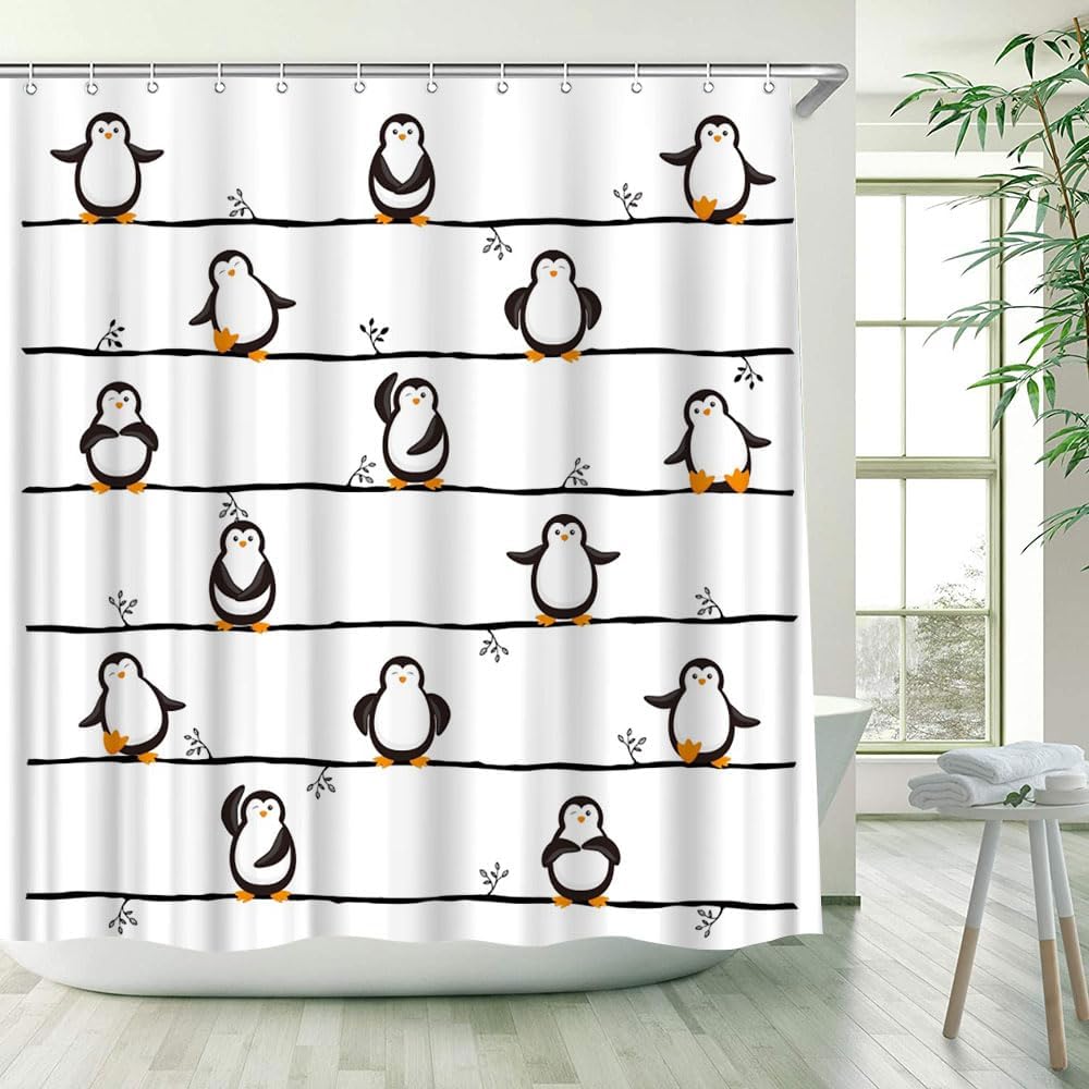 Cartoon Penguin Shower Curtain Cute Funny Animal Penguins Wildlife Stripes Boys Girls Bathroom Decor Fabric Curtains with Hook 106Wx70H Inches