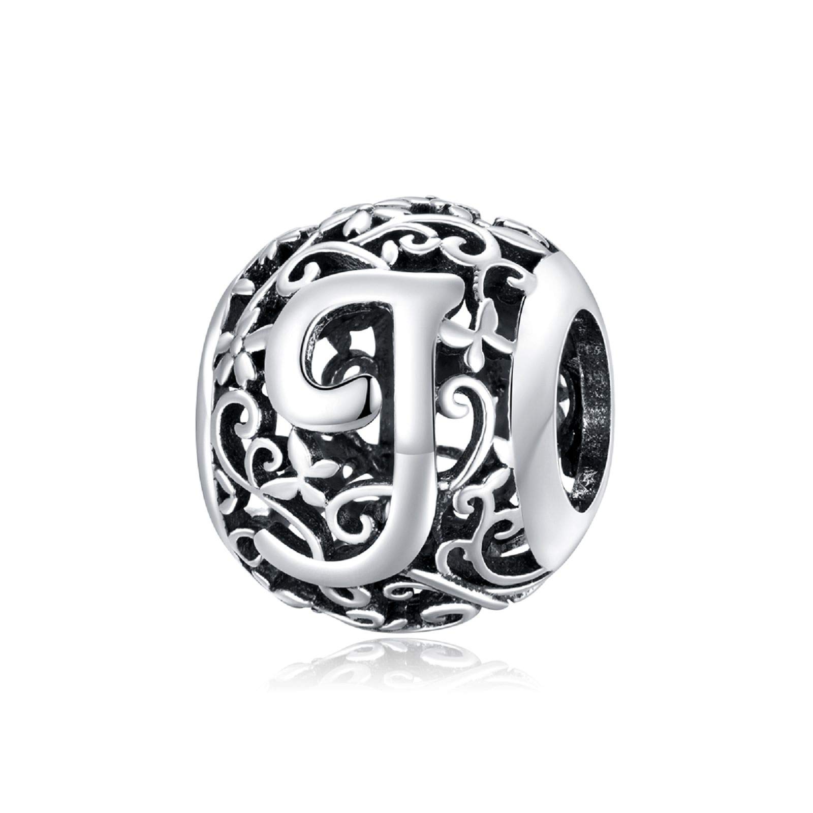 Shining CharmLetter Initial A-Z Alphabet Beads Round Flower 925 Sterling Silver Charms for Bracelets