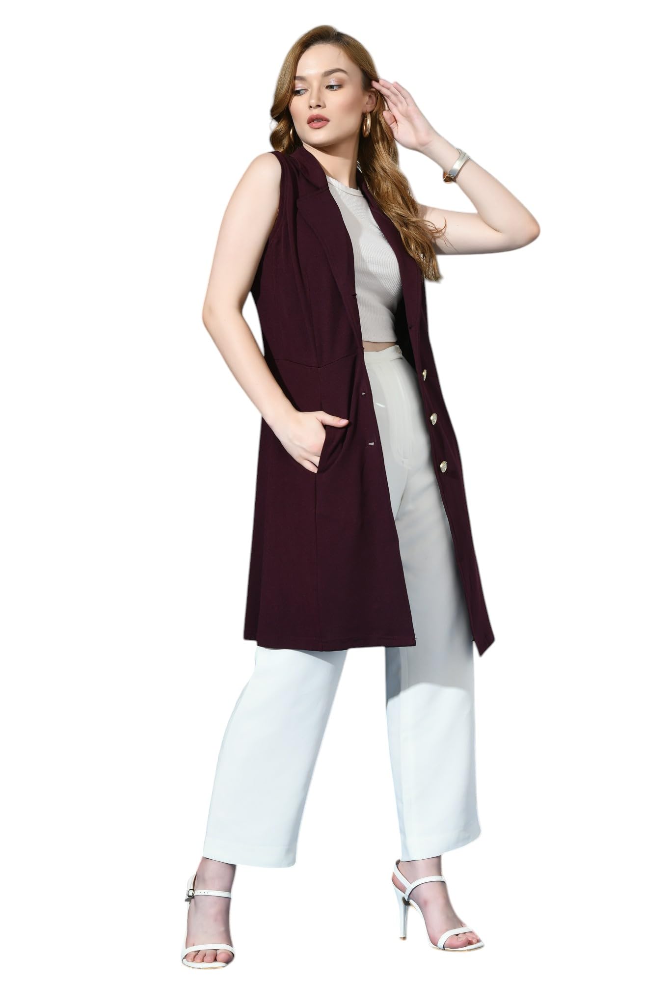 Wine Sleeveless Solid Lapel Neck Longline Shrug
