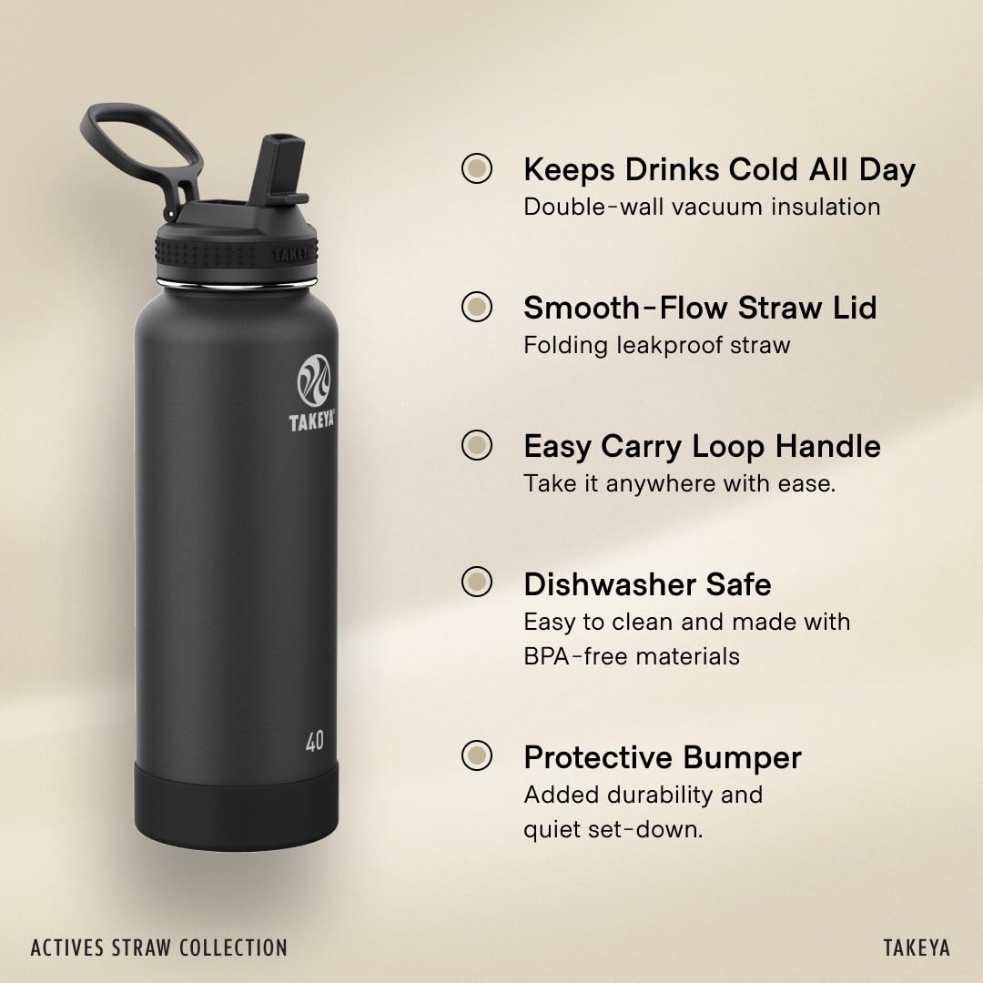 Takeya Actives Trinkflasche mit Strohhalm-Deckel – langlebige & pflegeleichte Wasserflasche mit Edelstahl-Isolierung – BPA-freier Deckel mit Tragegriff & Strohhalm – spülmaschinengeeignet – 1,2 l