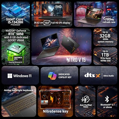 Image of Acer Nitro V 15, Intel core i5-13th Gen 13420H,NVIDIA GeForce RTX - 5050 8GB, 16 GB /512 GB,Full HD IPS,15.6 inch /39.62 cm,165 Hz, Win 11 Home, Obsidian Black, 2.113 kg, ANV15-52, Amber KB,Gaming Laptop