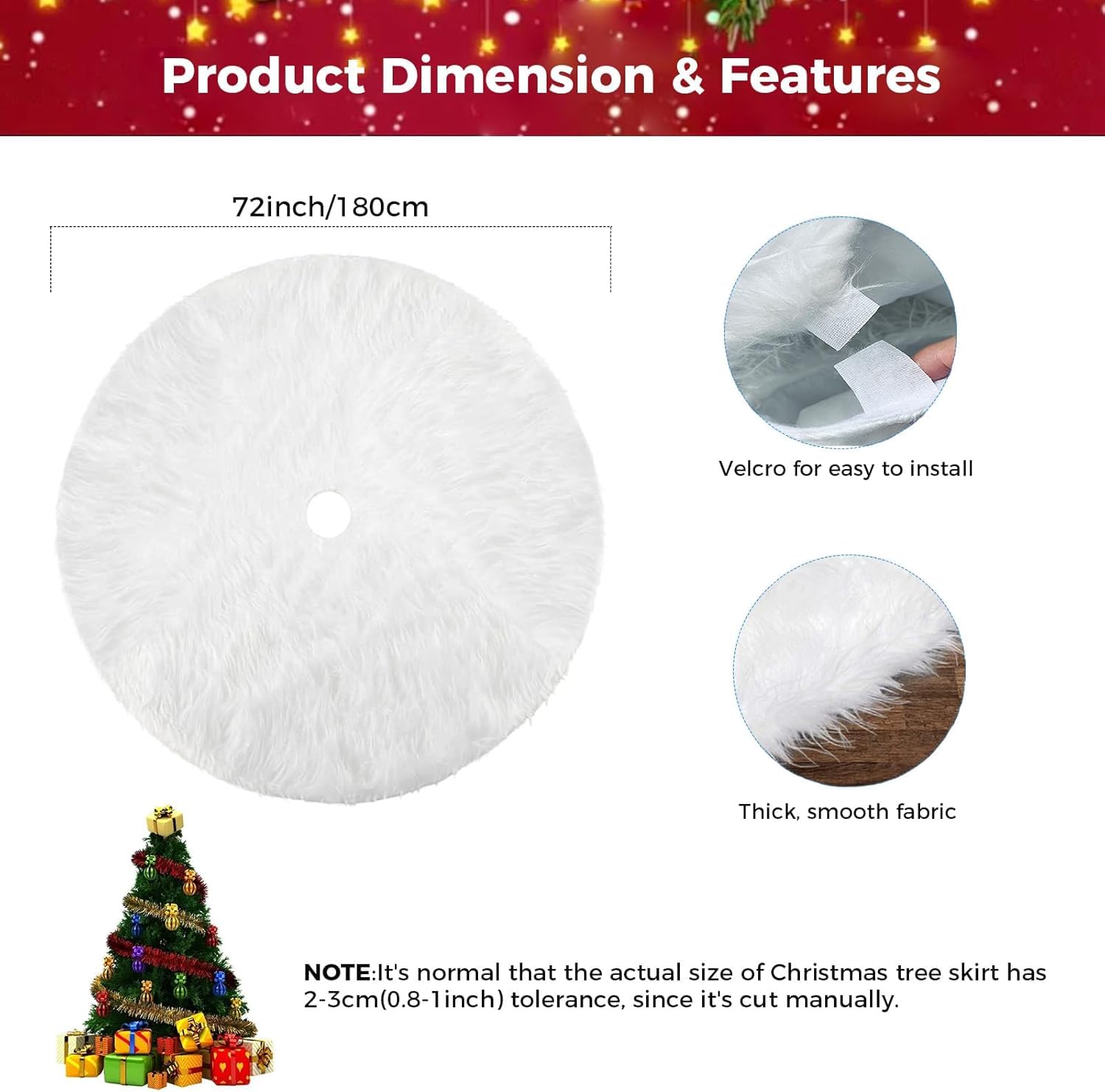 72 Inch Luxe Snowy Faux Fur Christmas Tree Skirt, White Velvet for Festive Decor, Elegant Holiday Addition