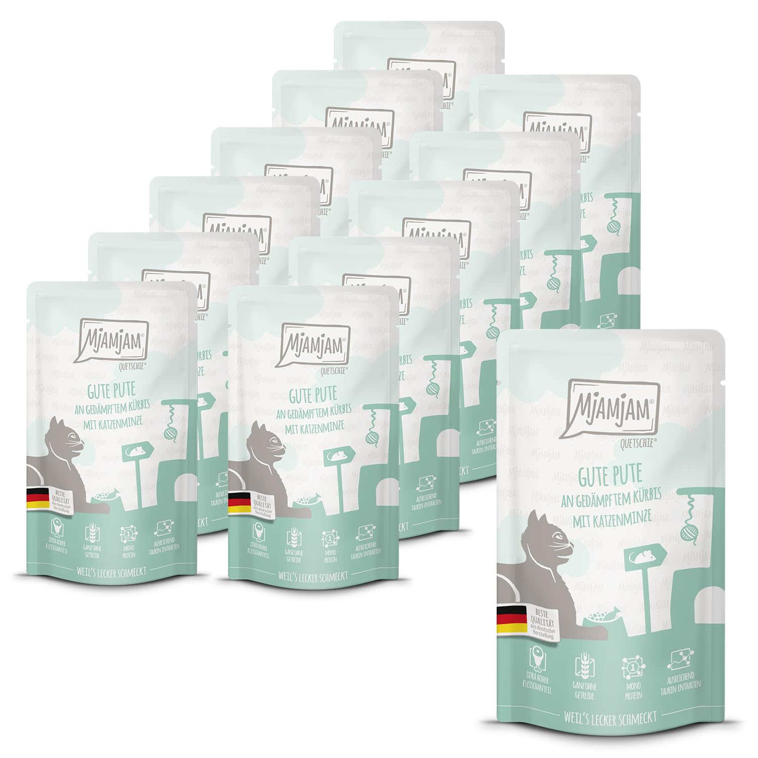 MjAMjAM - Premium Nassfutter für Katzen - Quetschie - gute Pute an gedämpftem Kürbis, 12er Pack (12 x 125 g), getreidefrei mit extra viel Fleisch