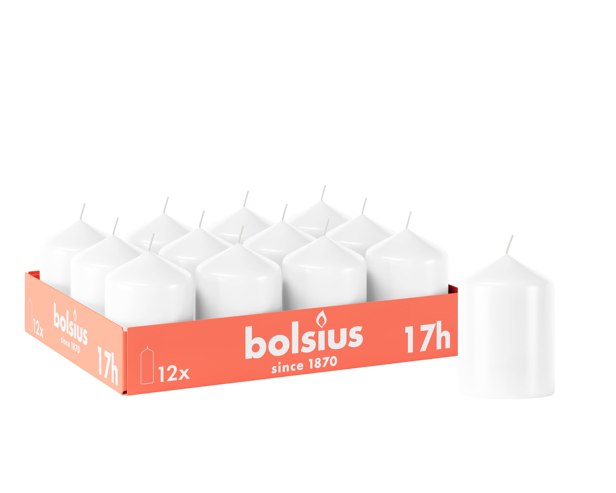 Bolsius Smooth Pillar Candles, White, Pack of 12-8 x 6 cm, Decorative Household Candles, Burn Time 17 Hours, Unscented
