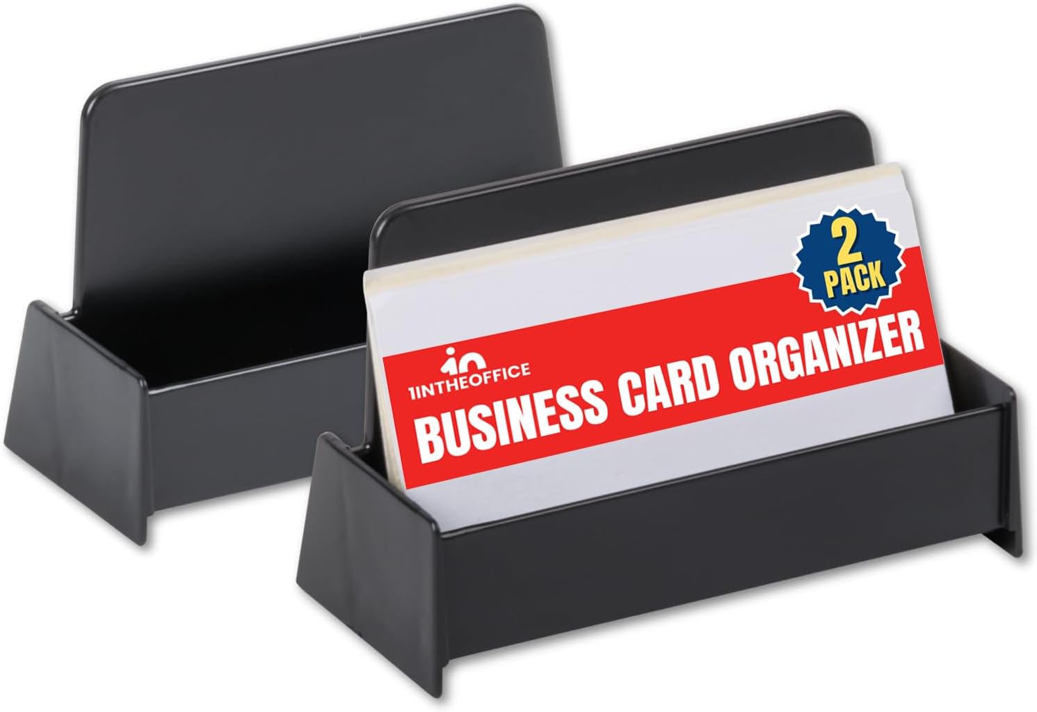 1InTheOffice Business Card Holder Desk, Desk Business Card Holder Display, Plastic, Black, 2 Pack