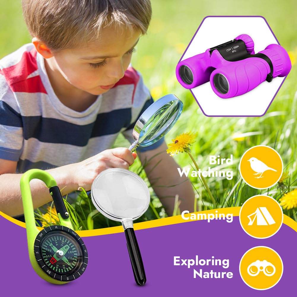 Binocolo per bambini, regali per bambini per bambini e bambine, forte ingrandimento 8X21, binocolo con lente d'ingrandimento e bussola, giocattolo per 3-12 anni (viola)
