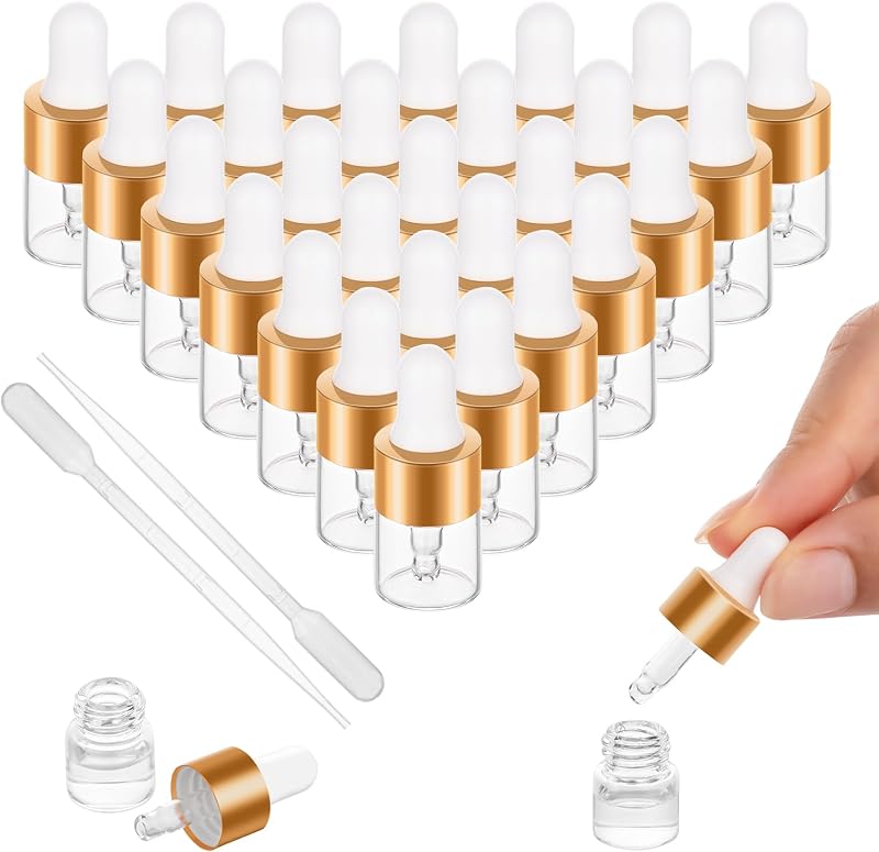 Frascos conta-gotas de vidro COTOM 1 mL, dourados, Pacote com 100 e 4 pipetas