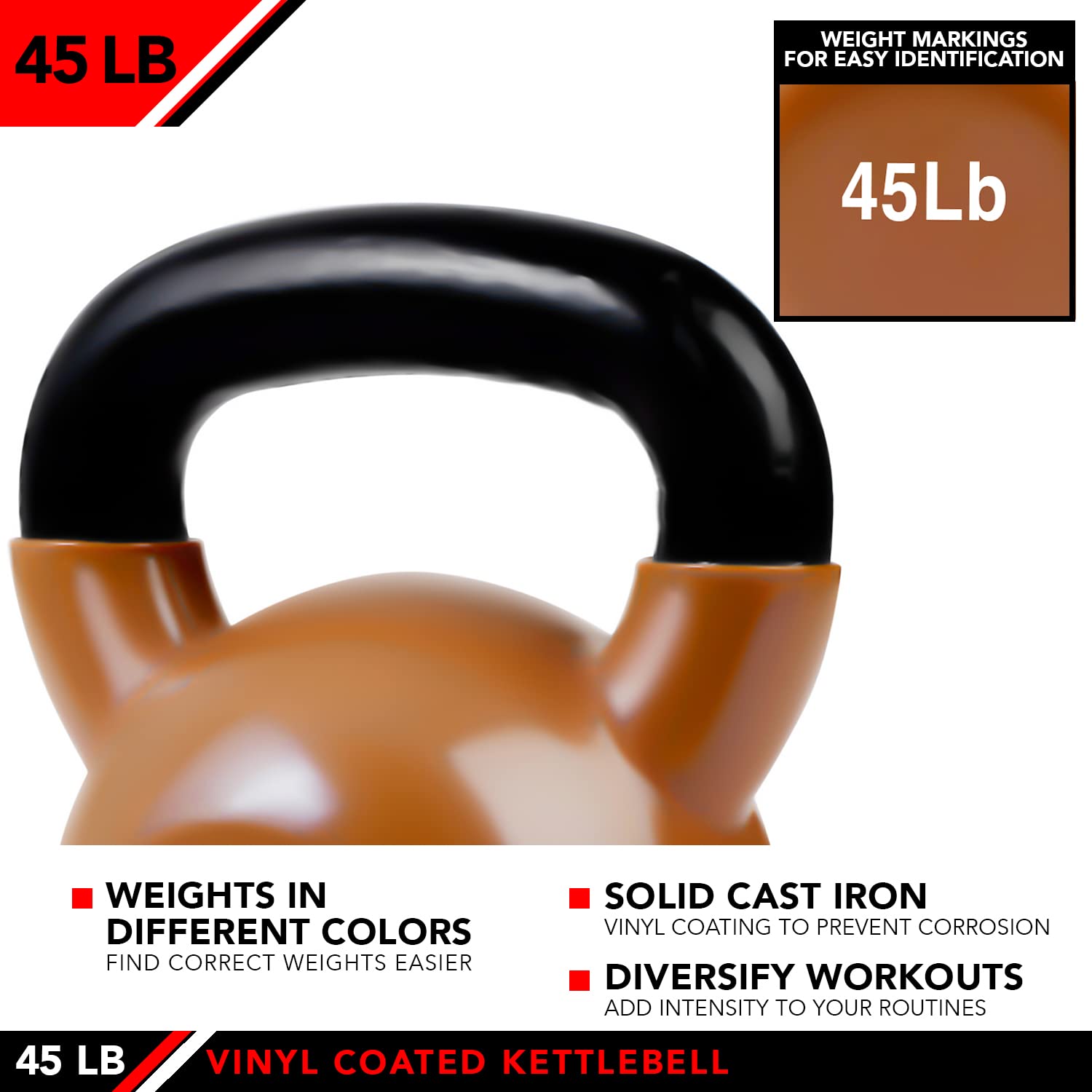 J-Fit JFIT Kettlebell Pesas de vinilo recubierto de hierro – 45 libras – recubierto para protección de pisos y equipos, reducción de ruido, peso libre para balístico, núcleo, entrenamiento con pesas