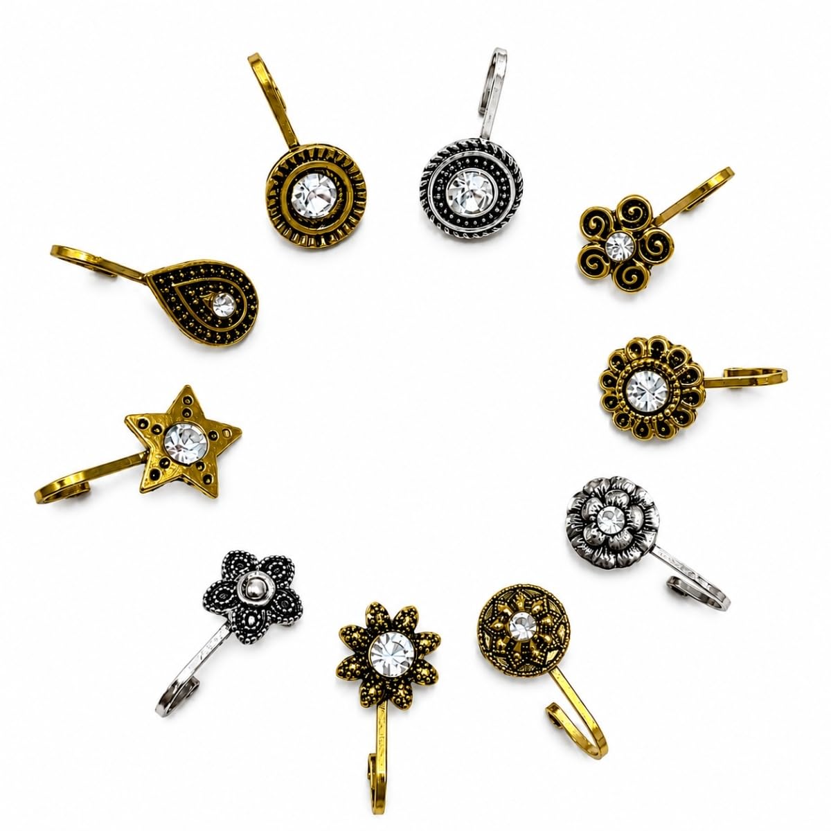 Women’s Assorted Clip-On Nose Ring Set | Crystal Studded Floral, Star & Paisley Non-Pierced Nose Pins | Antique Gold & Silver Tone | Pack of 10-image-25