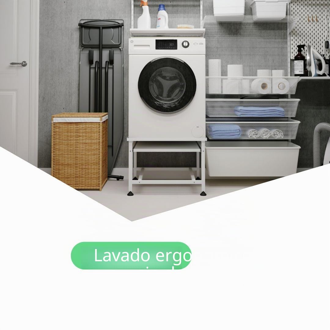 Mueble Lavadora con Soporte y Base, Pedestal para Lavadora de Cualquier Marca, Montaje Sencillo, Marco de Acero Resistente de 150 kg, Bandeja Extensible, Antivibraciones, 53.5x62.5x45 cm