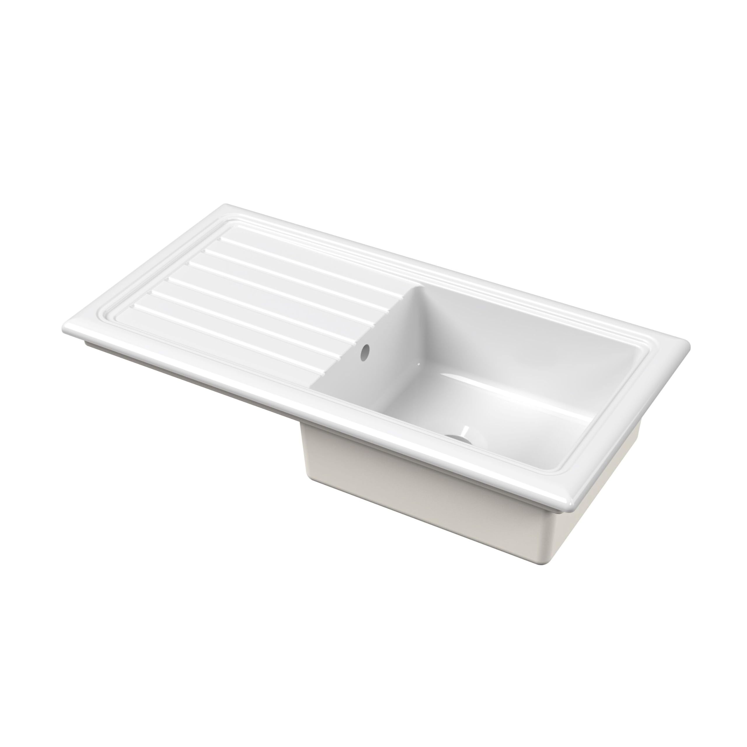 Balterley Ceramic Kitchen Sink with Drainer & Overflow Hole, 101cm Bowl Inset Fireclay White Kitchen Sink, Single Bowl Reversible Ceramic Sinks with Grooved Drainer - 1010 x 525 x 235mm (White)