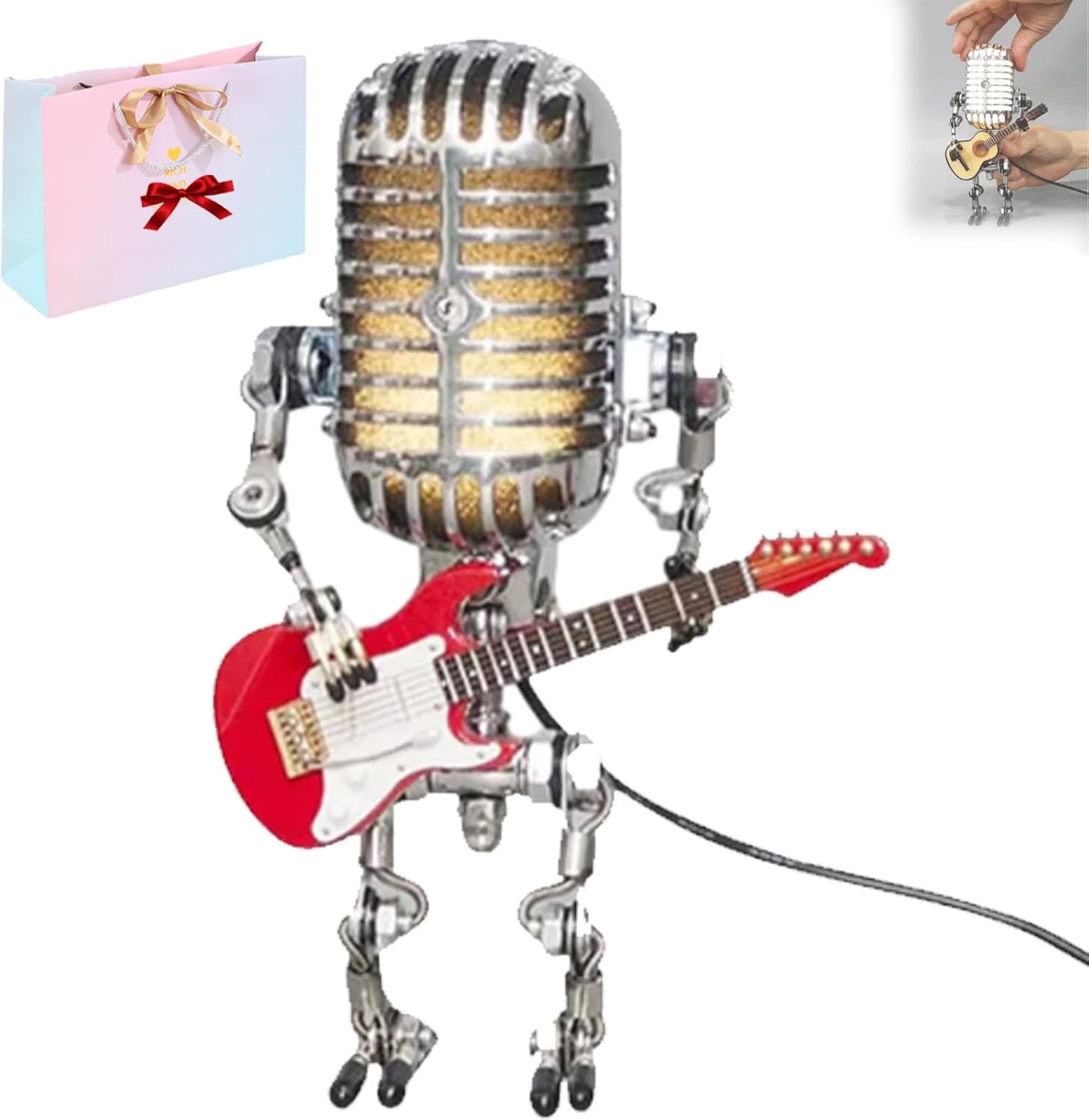 Mic Rockbot, Retro Style Microphone Robot Table Lamp, Holding Guitare Vintage Night Light