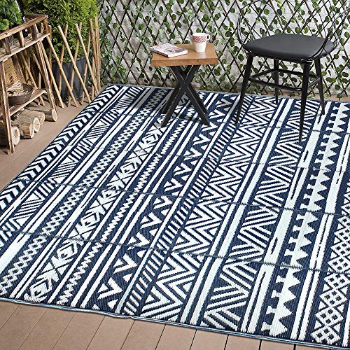 TIDYON Plastic Straw Rug Reversible Mats Large Camping Rugs for Outdoor (Blue & White, 6' 9')