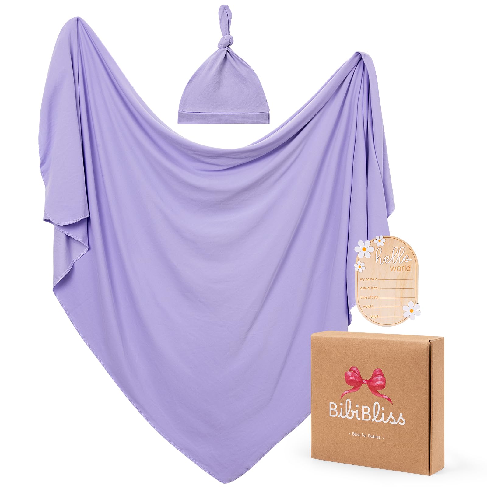 Stretchy Swaddle Blanket for Newborns with Hat &amp; Hello World Card–Soft Baby Swaddles 0-3 Months,47"x 47"Supersoft Swaddle Blanket,Receiving Blanket for Boys &amp; Girls (Taro)