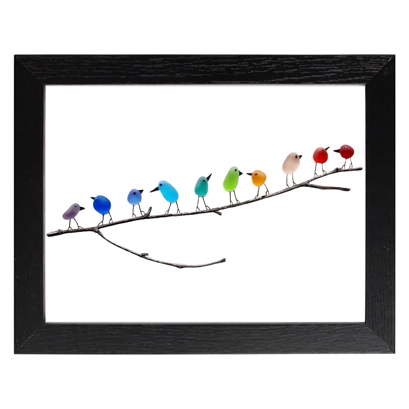 Abpwo 10 Birds (Black Frame) Sea Glass Art, Rainbow Birds On Branch, Glass Pictures Wall Art, Sea Glass Decor, Housewarmings, Birthday & Wedding Gifts, Handmade