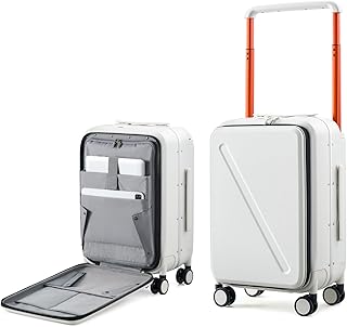 Wide Handle Carry On Luggage with Front Pocket Hardshell 20 Inch Front Opening Luggage with Spinner Wheels TSA Lock Aluminium Suitcase Airline Approved Carry-On Travel Luggage, White