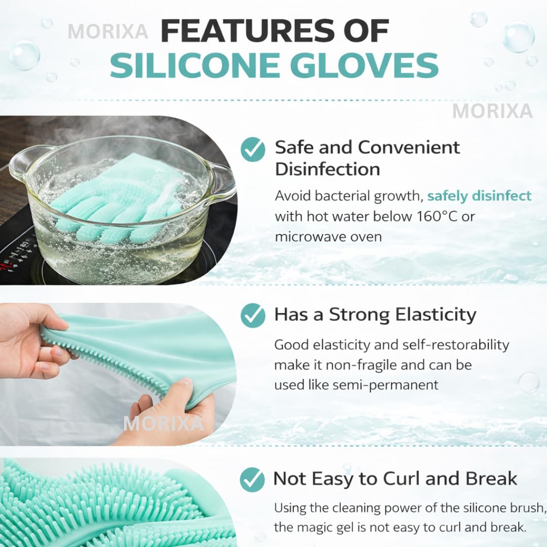 MORIXA Magic Silicone Cleaning Gloves (1 Pair Multicolour) Heat Resistant & Non-Slip Dishwashing Gloves for Kitchen, Bathroom, Car Cleaning & Pet Grooming | Reusable Soft Scrubber Gloves 1