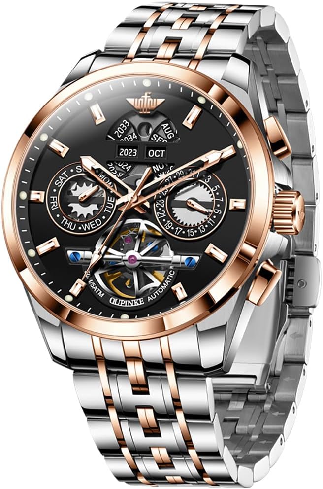 OUPINKE Men Watch Automatic 5 Hands Multi Calendar Year/Month/Week/Date Mechanical 5ATM Waterproof Luxury Tungsten Steel Sapphire Crystal Wrist Watch for Men