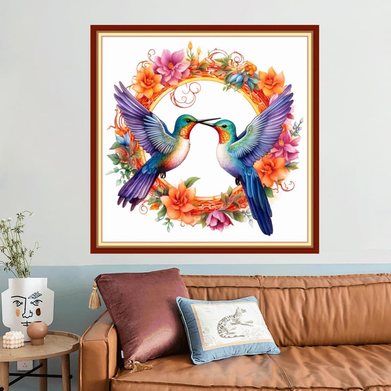 Image of Joyhoor Stamped Cross Stitch Kits for Beginners, Needlepoint Kits for Adults, 11CT Counted Embroidery Kits-Hummingbird Wreath 18x18 inchs