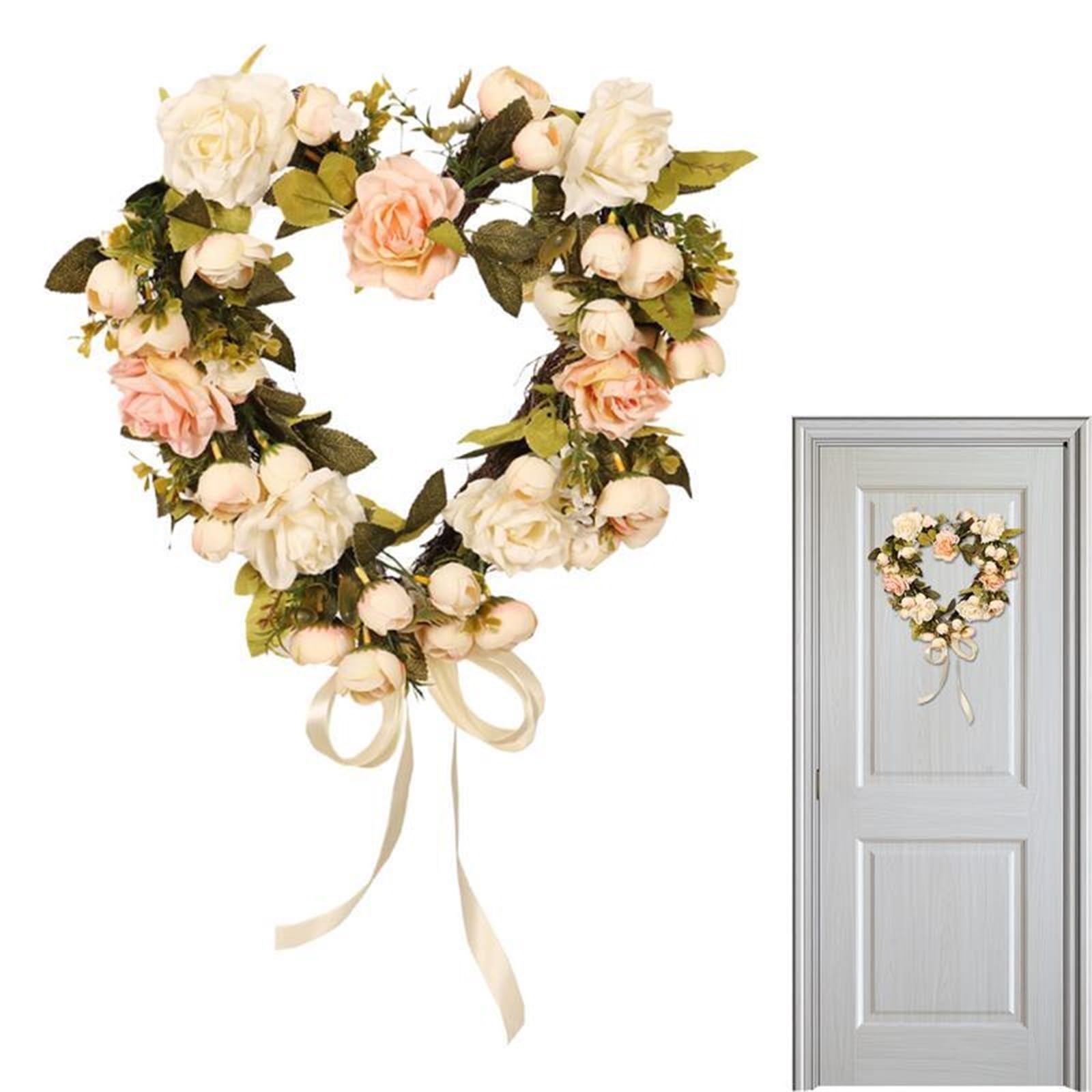 Couronne pour Porte Couronne de Roses la Saint-Valentin Printemps Florale 15,7 Pouces avec Rose Panneau Porte d'entrée Artificielle
