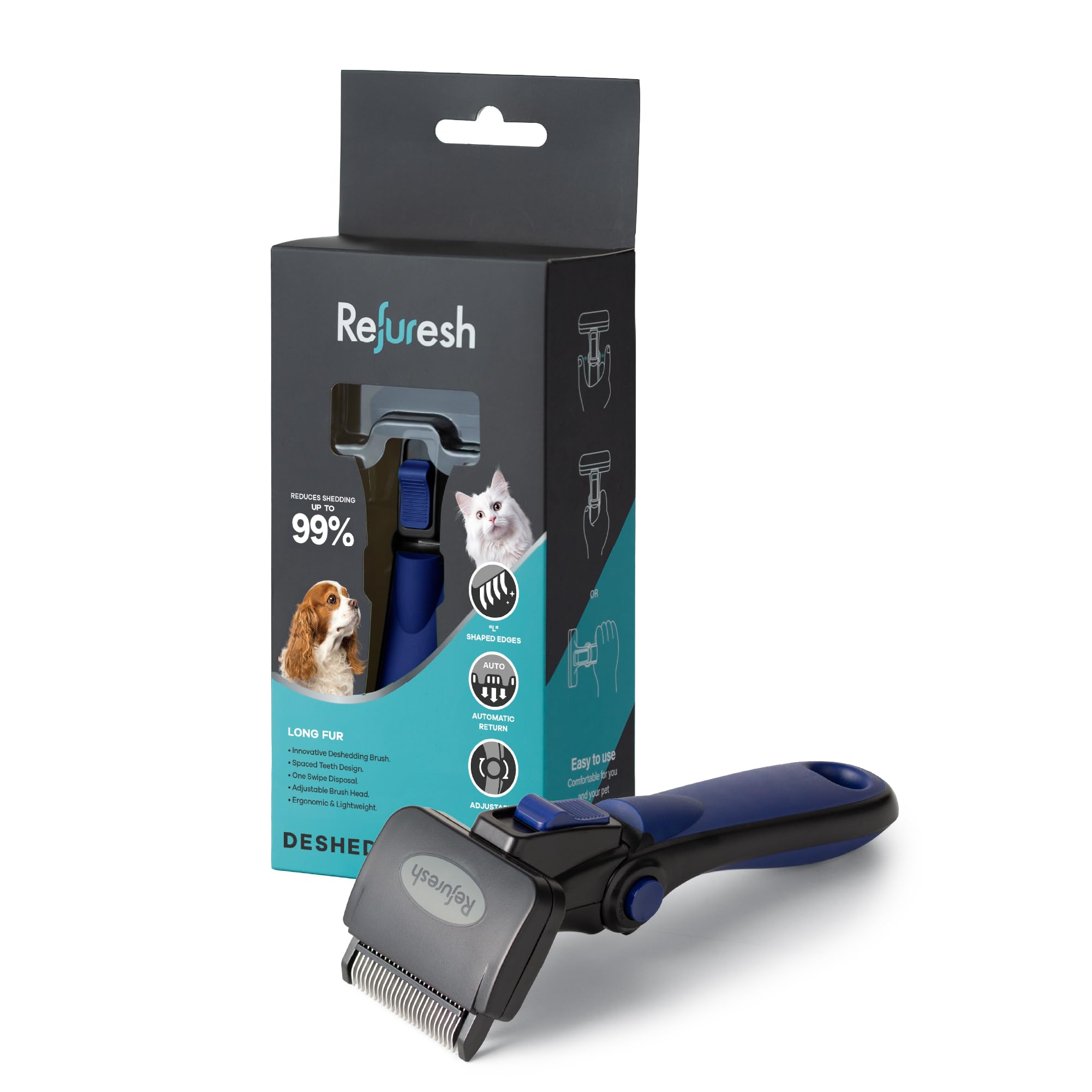 Refuresh Deshedding Dog Brush for Long Hair (Small,Blue) – Gentle Deshedding Tool for Dogs & Cats – Reduces Shedding, Without damaging Topcoat.