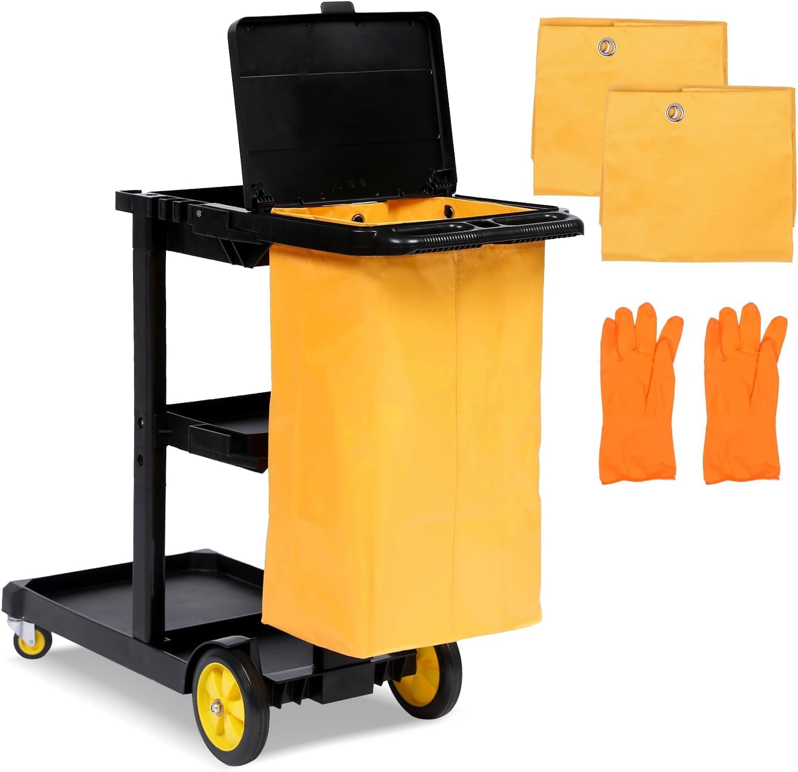 Garvee Cleaning Cart, 3 Shelf Commercial Janitorial Cart with Two 25-Gallon PVC Bags and Cover, 500LBS Capacity Plastic Housekeeping Cart on Wheels, Cleaning Cart for Stores,43.3" x 19.7" x 38.6"