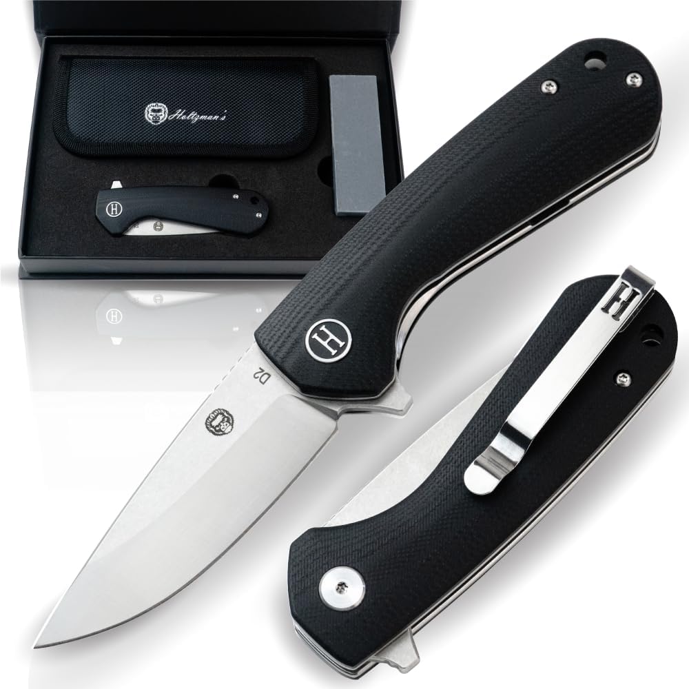 Holtzman's Gorilla Survival Peasant Folding Knife with G10 Handle, D2 Steel Blade, Gift Box Set (Silver+Black) - Great for Everyday Carry