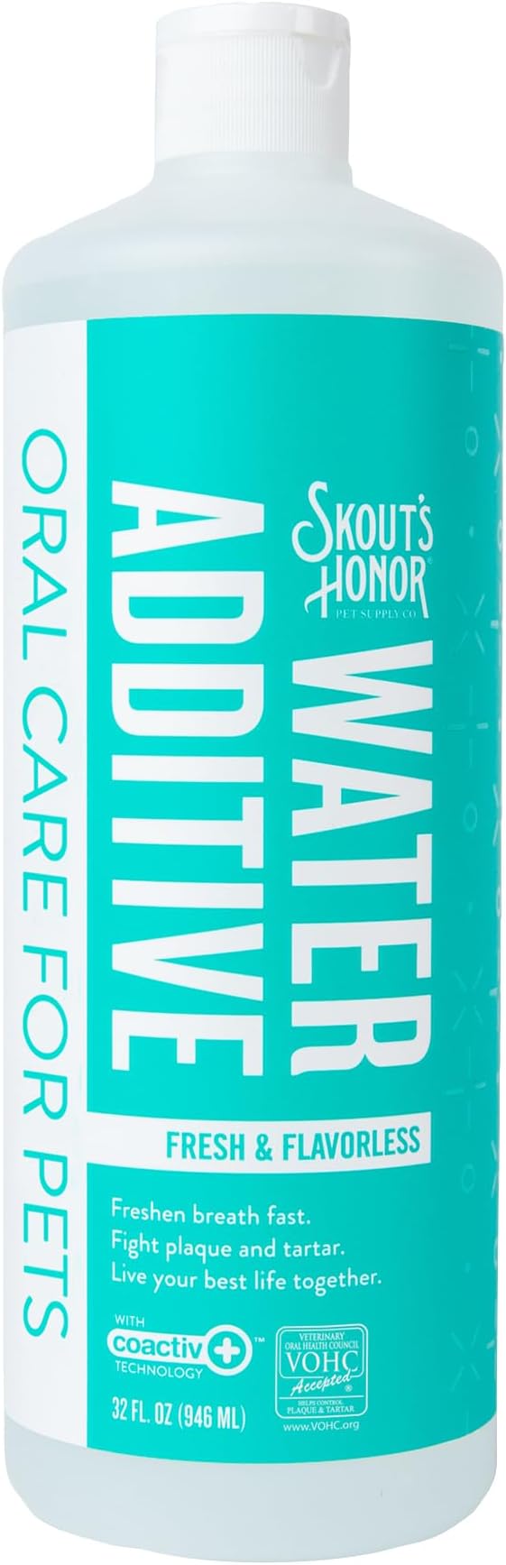 SKOUT'S HONOR Fresher Breath Water Additive for Dogs and Cats, 32 oz | VOHC-Accepted for Tartar Control, Clinically Proven coactiv+ Formula, Freshens Breath Fast, No Brushing, Flavorless, 2-Pack