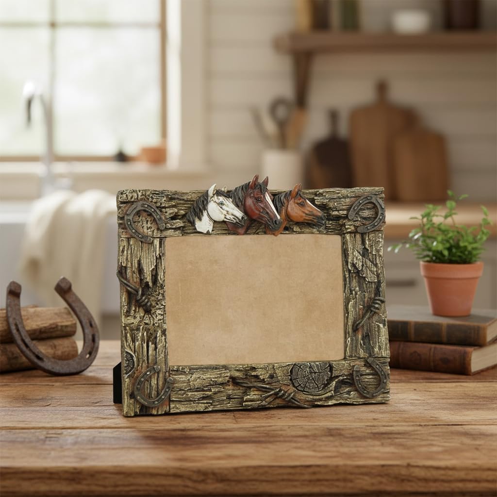 Comfy Hour 10.7" Horse Figurine Photo Frame, Rustic Antique Vintage 7x5 Picture Frame for Home Decor, Western Style Horsehead Statue for Office, Brown Resin