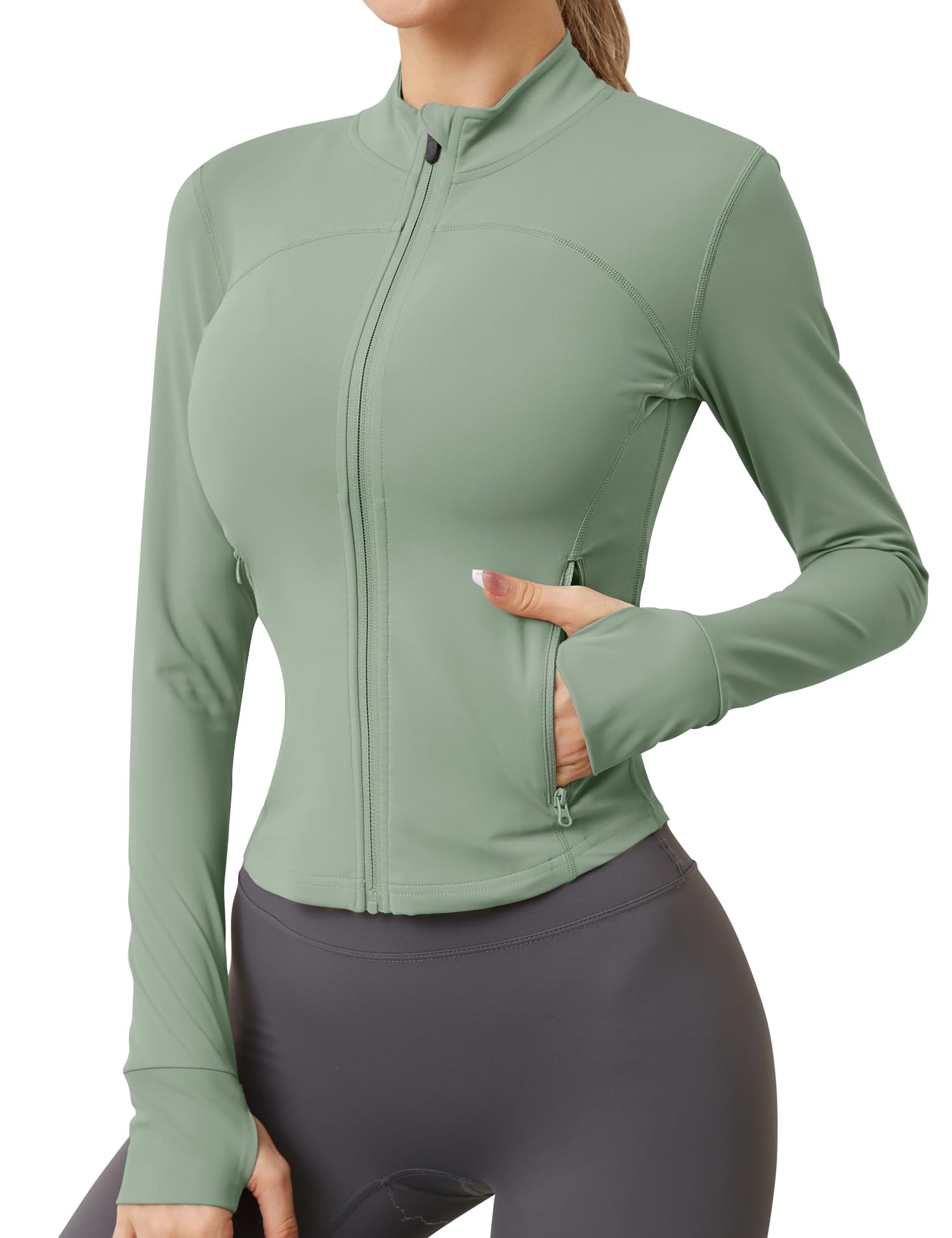 IECCP Damen Sportjacke Laufjacke Langarm Gym Tops Yoga Fitness Sport Oberteile Zwei Reißverschlusstaschen Leicht Trainingsjacke mit Daumenloch