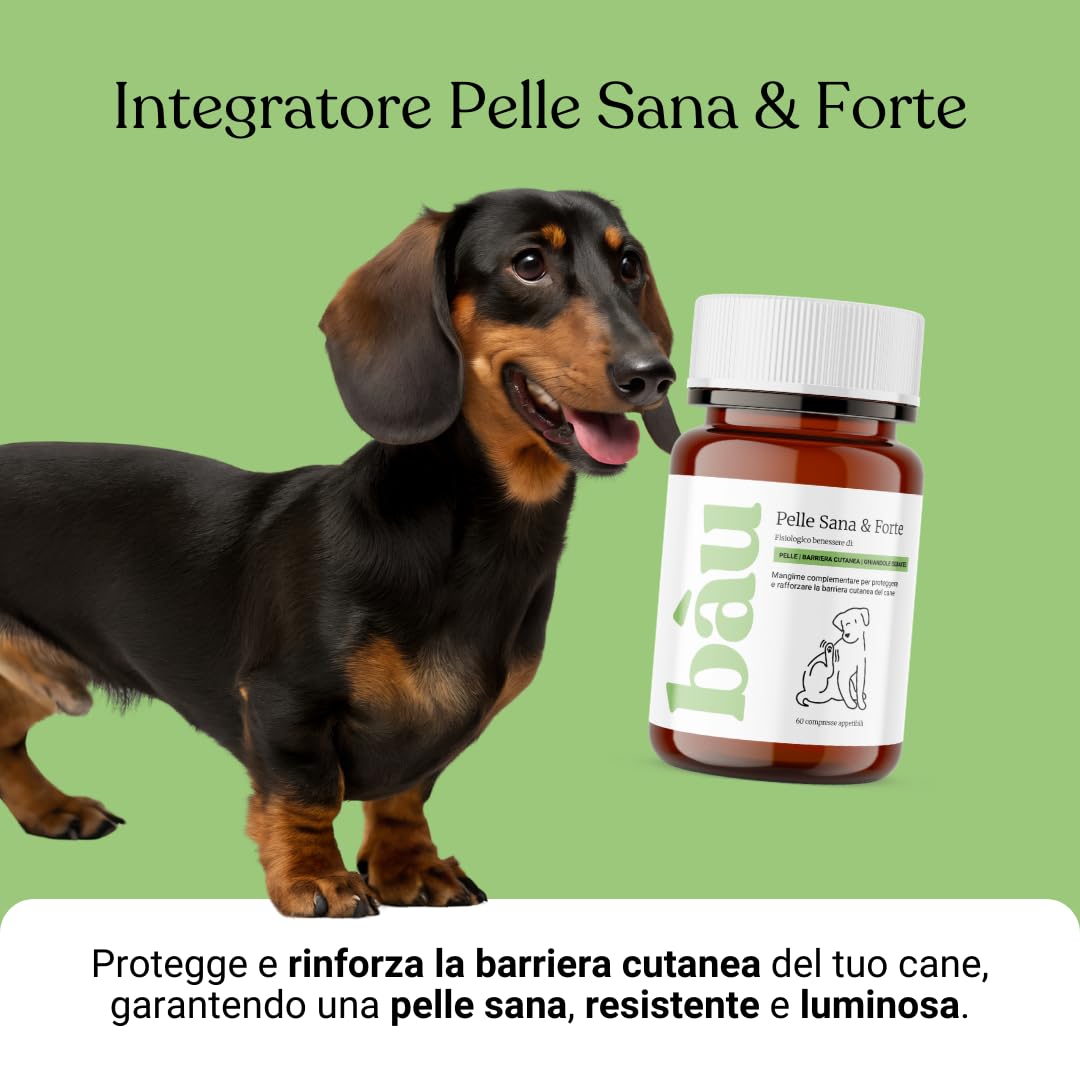 Bau Rimedio Dermatite Cane Anti-Prurito Allergie Stagionali, Alleviano il Prurito Cane, Ingredienti Naturali per la Salute della Pelle del Cane, Ideale per Cani con Pelle Arrossata -60cps