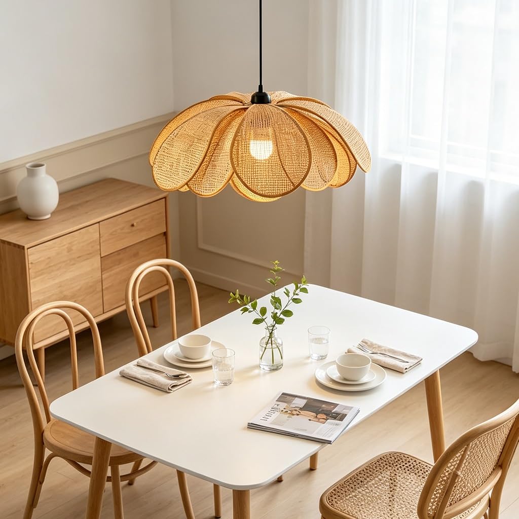 E27 Pendelleuchte Aus Japanischem Rattan Handgewebt, Blütenförmig Im Bohemian-Stil Höhenverstellbare Natürliche Dekobeleuchtung Für Kücheninsel Wohnzimmer Esszimmer Flur Restaurant